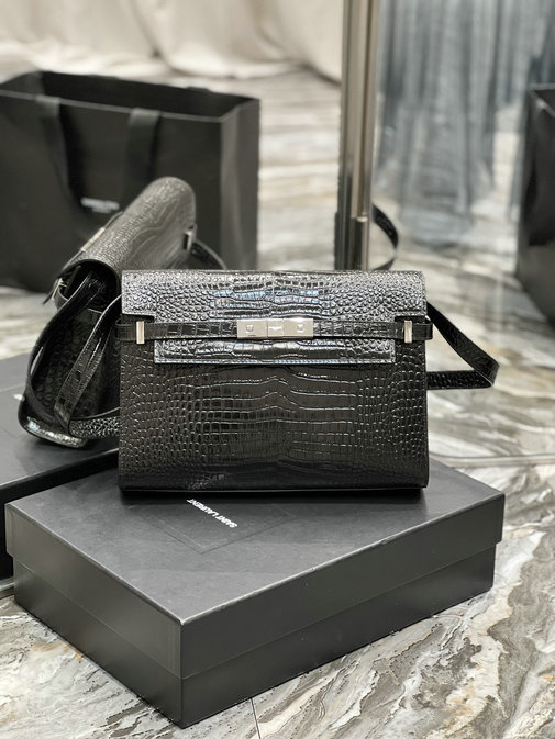 2023 Saint Laurent Manhattan Small Shoulder Bag Black Crocodile-embossed Leather