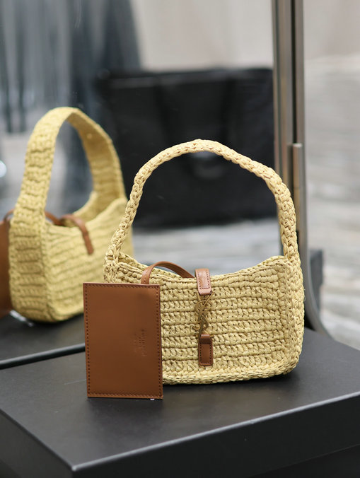 2023 Saint Laurent Le 5 à 7 Mini Hobo Bag in Raffia Natural and Brick