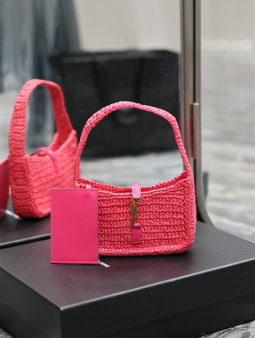 2023 Saint Laurent Le 5 à 7 Mini Hobo Bag in Raffia Neon Pink - Click Image to Close