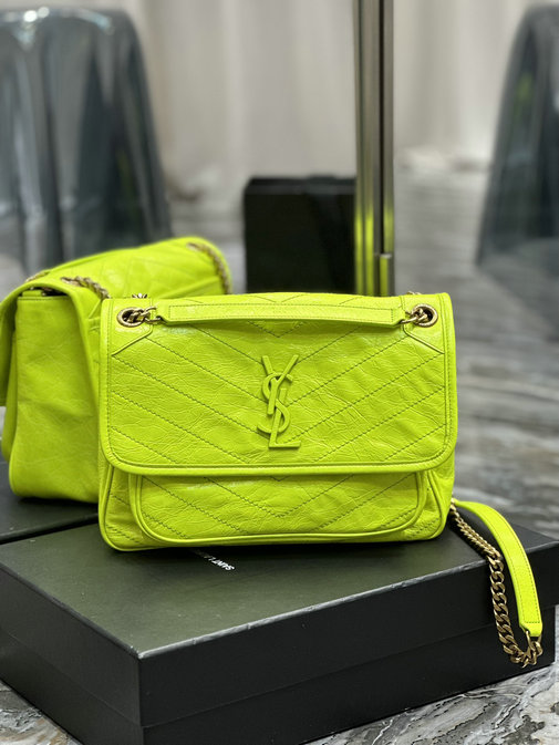 2023 Saint Laurent Niki Medium Chain Bag in Neon Yellow Crinkled Lambskin