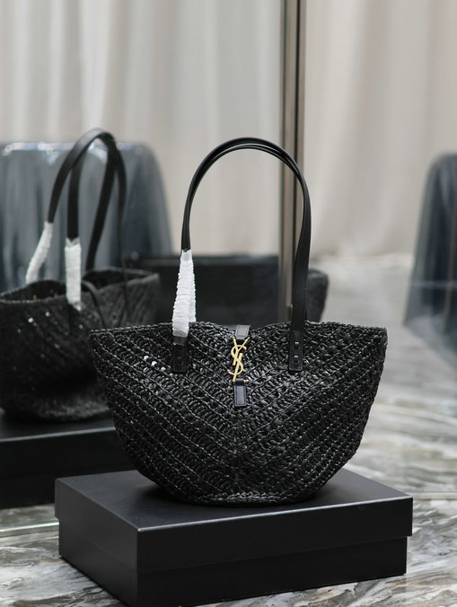 2023 Saint Laurent Panier Small Bag in Black Raffia and Vegetable-tanned Leather