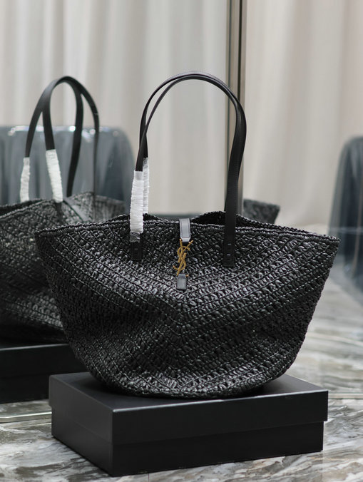 2023 Saint Laurent Panier Medium Bag in Black Raffia and Vegetable-tanned Leather