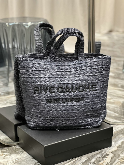 2023 Saint Laurent Rive Gauche Supple Tote Bag in dark blue raffia crochet