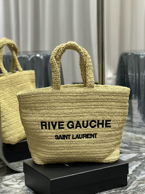 2023 Saint Laurent Rive Gauche Supple Tote Bag in beige raffia crochet