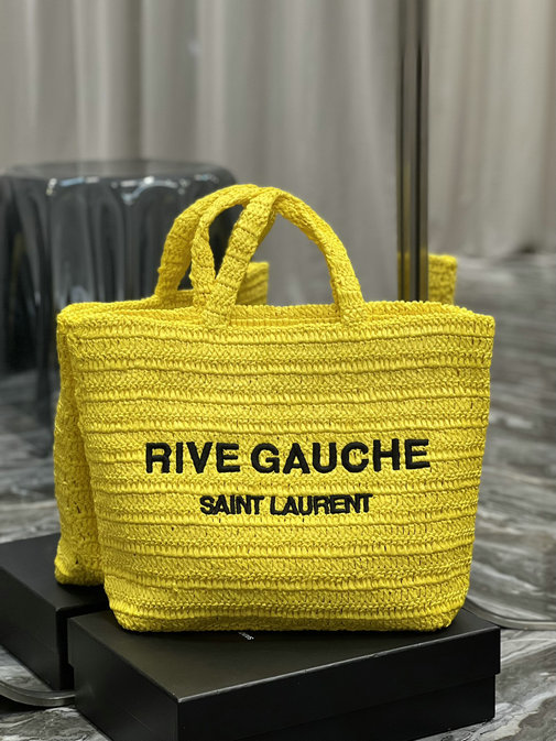 2023 Saint Laurent Rive Gauche Supple Tote Bag in yellow raffia crochet