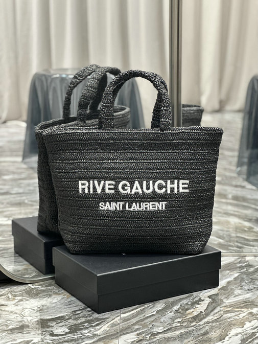 2023 Saint Laurent Rive Gauche Supple Tote Bag in black raffia crochet