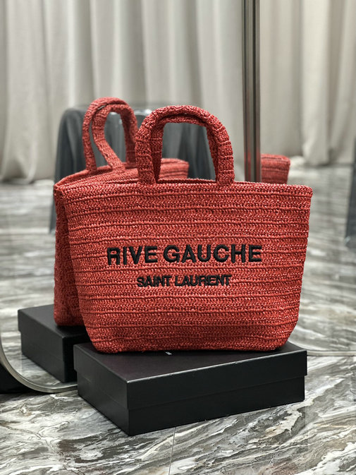 2023 Saint Laurent Rive Gauche Supple Tote Bag in red raffia crochet