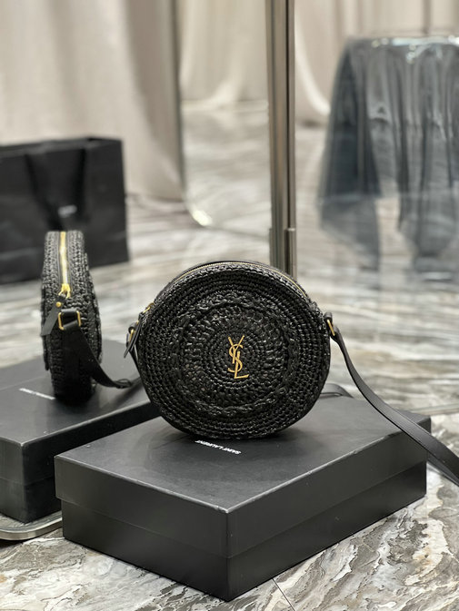 2023 Saint Laurent Round Camera Bag in Black Raffia and Leather