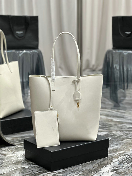 2023 Saint Laurent N/S Shopping Tote Bag in Vintage White Leather