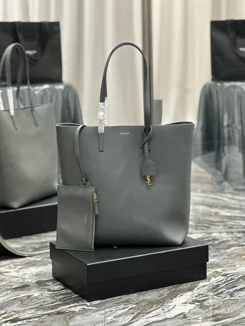 2023 Saint Laurent N/S Shopping Tote Bag in Storm Leather
