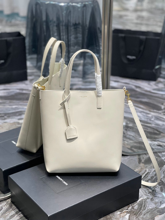2023 Saint Laurent N/S Shopping Toy Bag in Vintage White Leather