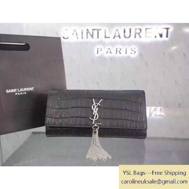 Saint Laurent 326080 Classic Monogram Tassel Clutch in Black Crocodile Embossed Leather