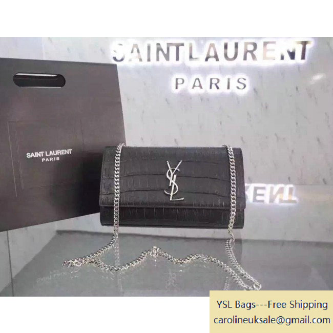 Saint Laurent 354021 Classic Medium Monogram Satchel in Black Crocodile Embossed Leather