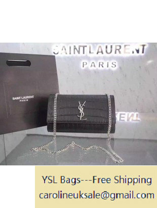 Saint Laurent 354021 Classic Medium Monogram Satchel in Black Crocodile Embossed Leather