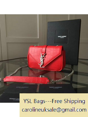 2016 Saint Laurent Classic Baby Monogram Chain Bag in Crocodile Pattern Calfskin Red 399289 - Click Image to Close