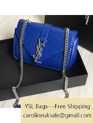 2016 Saint Laurent Classic Baby Monogram Chain Bag in Crocodile Pattern Calfskin Royal Blue 399289