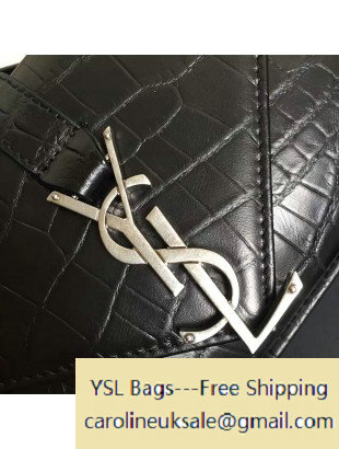 2016 Saint Laurent Classic Baby Monogram Chain Bag in Crocodile Pattern Calfskin Black