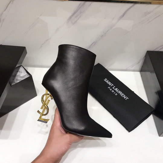 2020 Saint Laurent OPYUM Ankle Boots in Black Leather with bronze snake ...