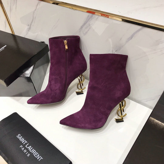 2020 Saint Laurent OPYUM Ankle Boots in Purple with bronze snake heel ...