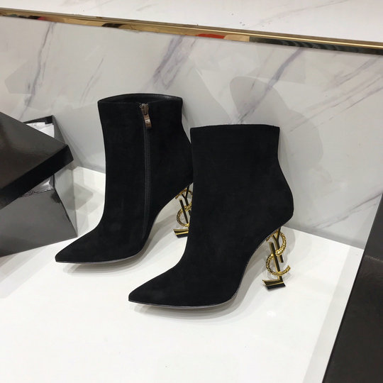 2020 Saint Laurent OPYUM Ankle Boots in Black with bronze snake heel ...