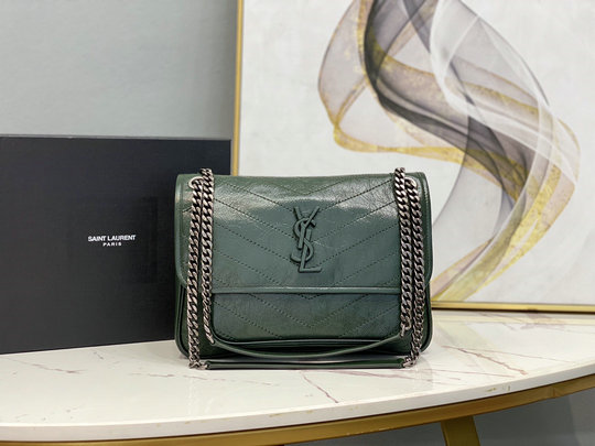2020 Saint Laurent Medium Niki Chain Bag in Emerald Vintage Crinkled and Quilted Leather
