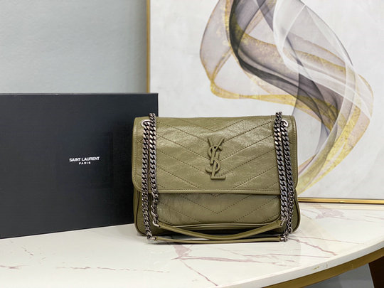 2020 Saint Laurent Medium Niki Chain Bag in Olive Vintage Crinkled and Quilted Leather